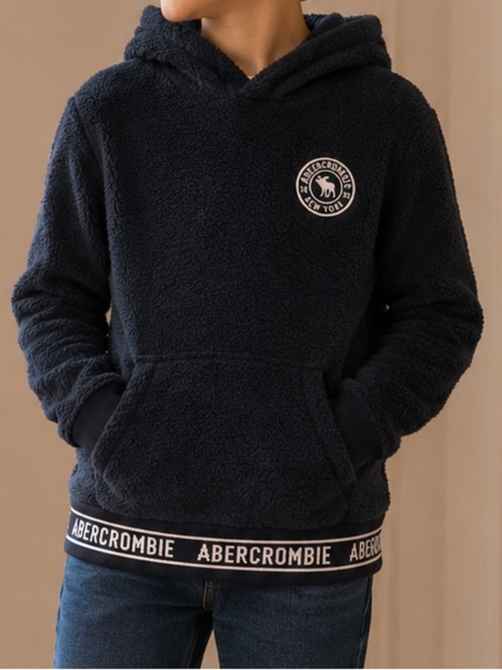Abercrombie Kids Navy Faux Fur Sherpa Hoodie Fleece Boys 11/12 Preppy Logo